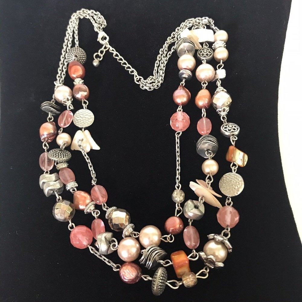 Silver Tone Multi Chain Statement Necklace Faux Pearl Silver Bead Pink Orange